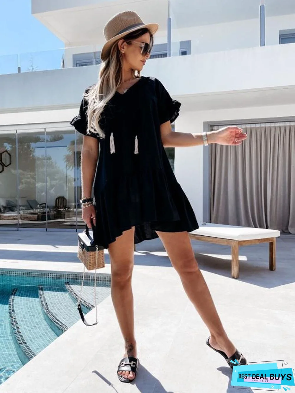 Large New V-Neck Short Sleeve Suspended Beard Pleated Dress