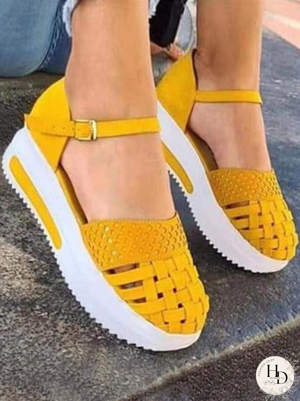 Braided Breathable Cutout Toe Platform Buckle Sandals