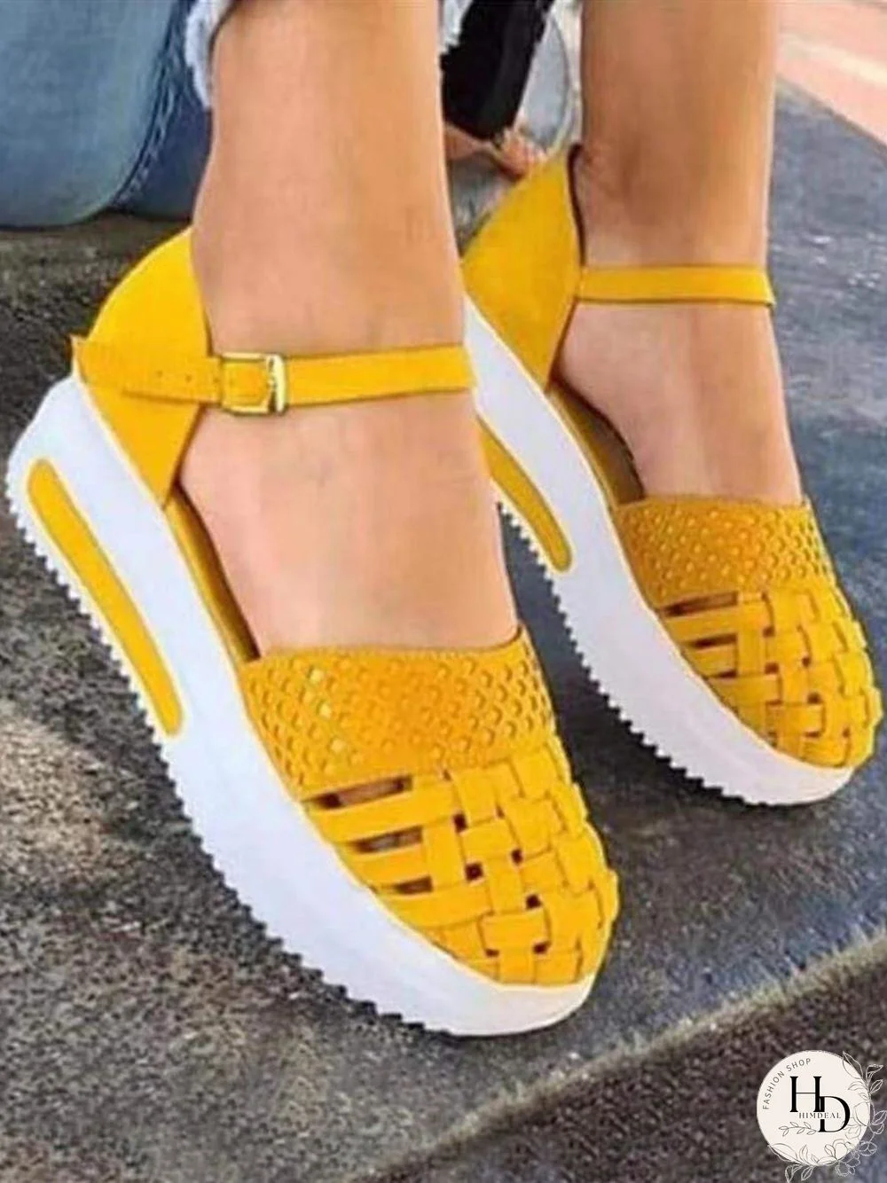 Braided Breathable Cutout Toe Platform Buckle Sandals