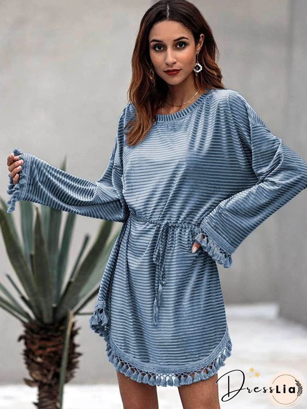 Tassel Round Neck Plain Mini Dress