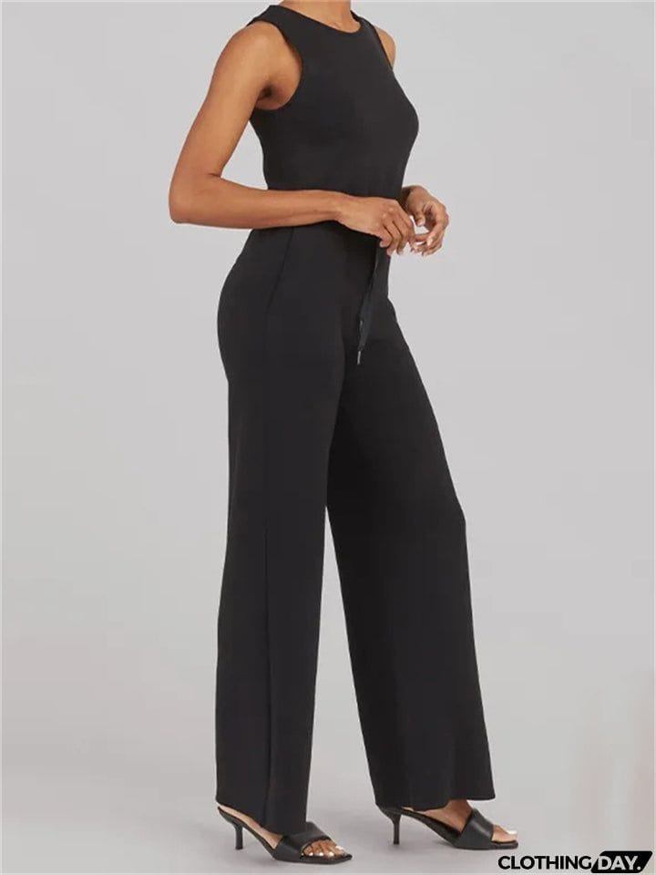 Ladies Summer Relaxed Crew Neck Sleeveless Straight Leg Jumpsuit