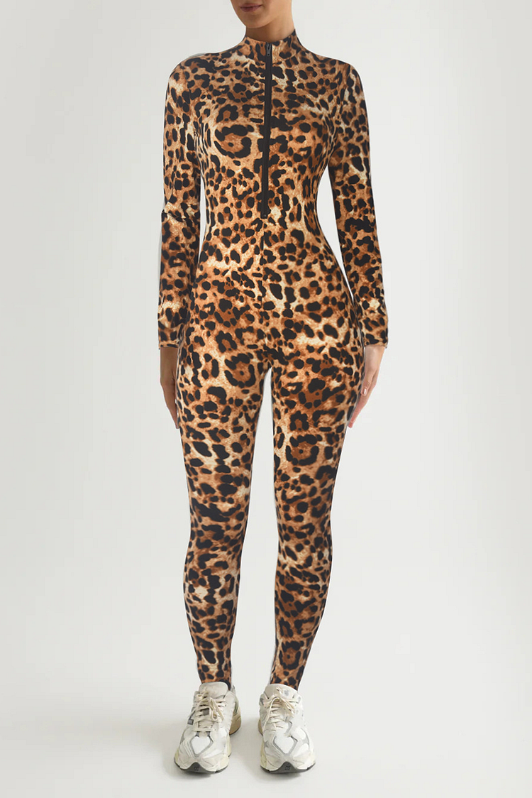 Leopard Print High Neck Long Sleeve Front Zipper Skinny Jumpsuit-Brown