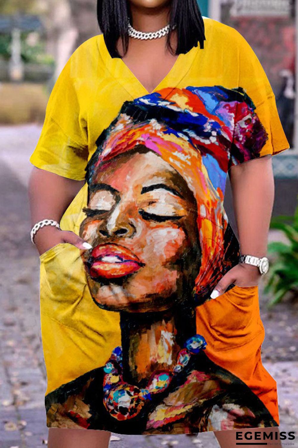 Mustard Yellow Casual Street Print Patchwork V Neck Straight Dresses | EGEMISS