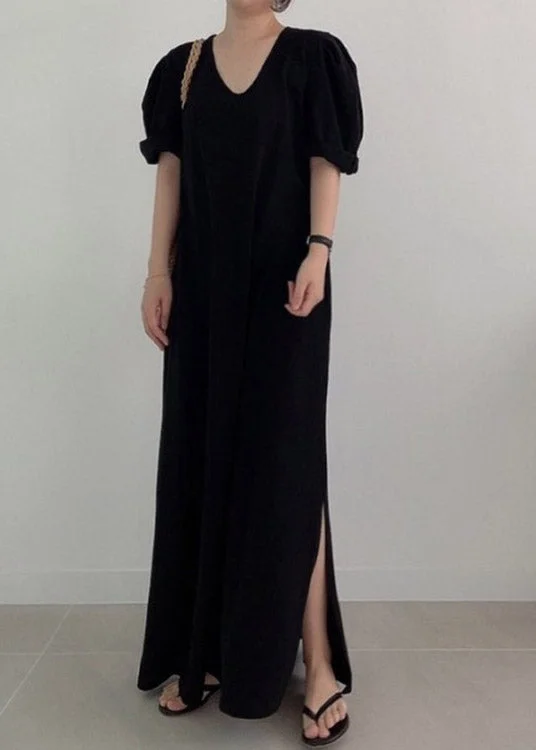 Black Side Open Knit Maxi Dress Long Sleeve