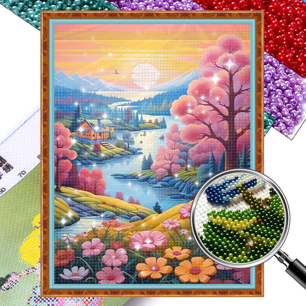 Flowers Bloom In All Colors At Sunrise Full 11CT Pre-stamped Canvas(50*65cm) 48 Colors Beaded Cross Stitch