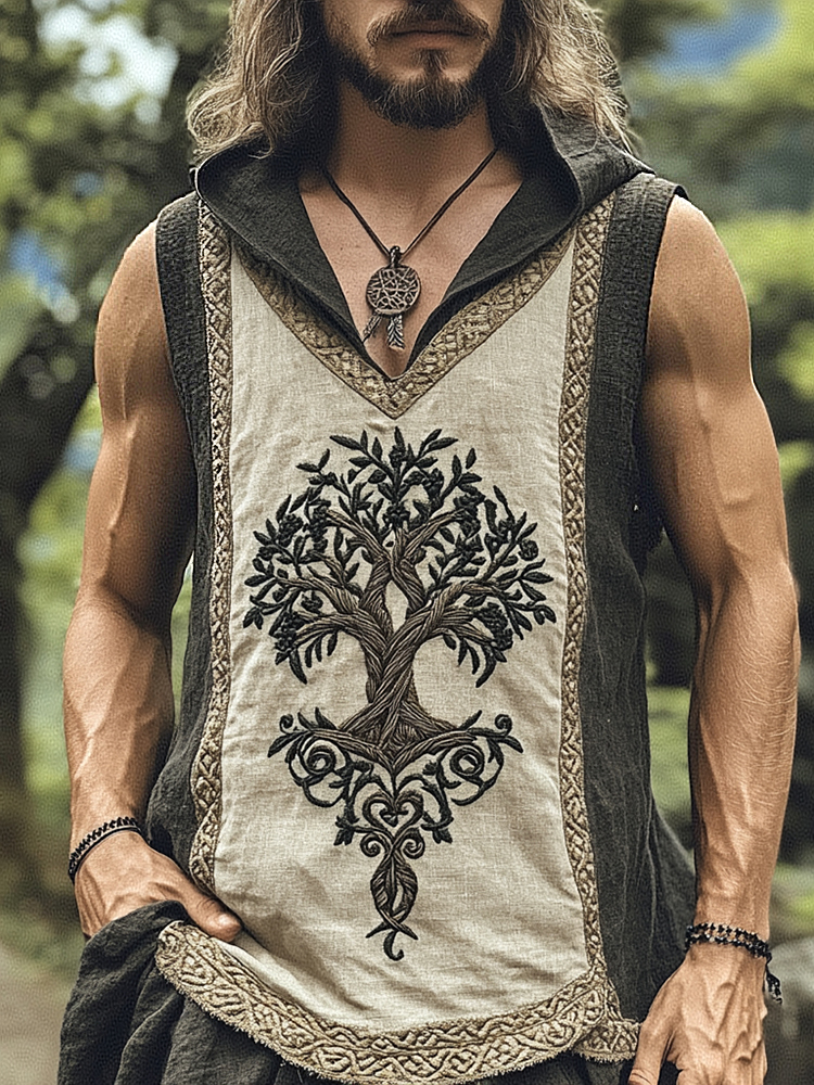 Men's Viking Tree Of Life Contrast Art Cozy Linen Hooded Vest