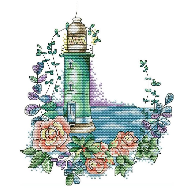 Joy Sunday - Rose Lighthouse - 14CT 2 Strands Threads Printed Cross Stitch Kit - 23x29cm(Canvas)