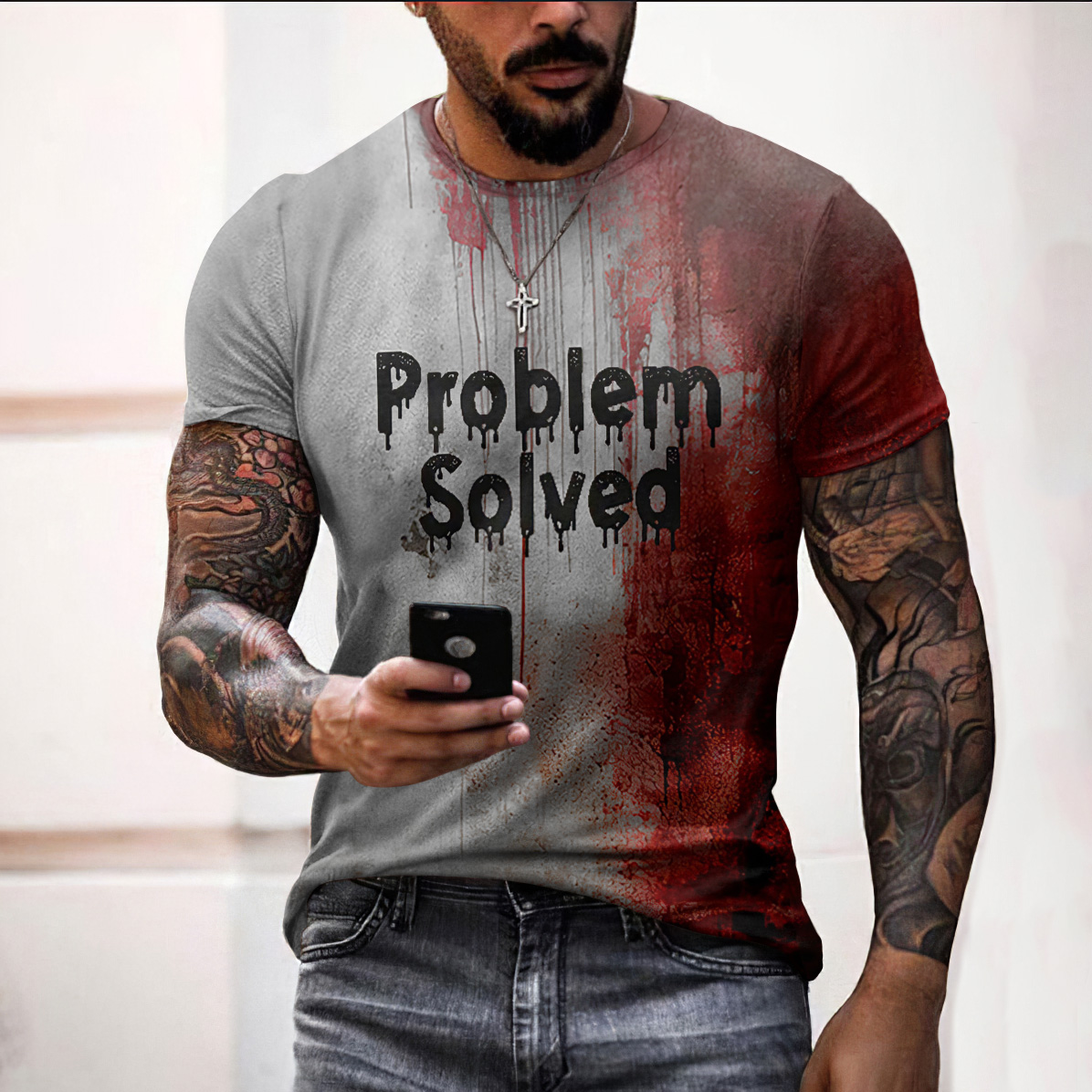 Comstylish Men's Bloody Problem Solved Halloween Print T-Shirt