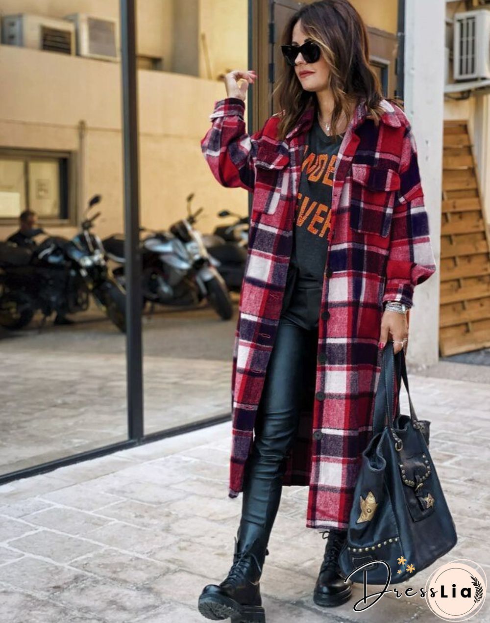 Women'S Fashion Long Plaid Coat Autumn Shirt Coat Woolen Coat Streetwear Women Clothing Loose Coat Female Casual Jacket