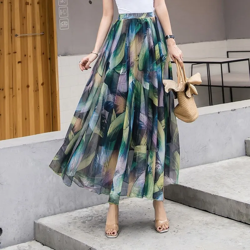Women Skirts 2019 Summer Mesh Flower Print Elastic Waist Bohemian A-Line Sweet Chiffon Long Female Bottoms Ladies Casual Skirt