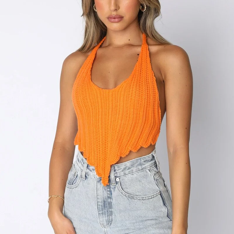 Cartoonh Chic Halter Tie Up Knitted Camisoles Summer Women Casual Halter Irregular Vest Fashion Solid Color Backless Crop Tops