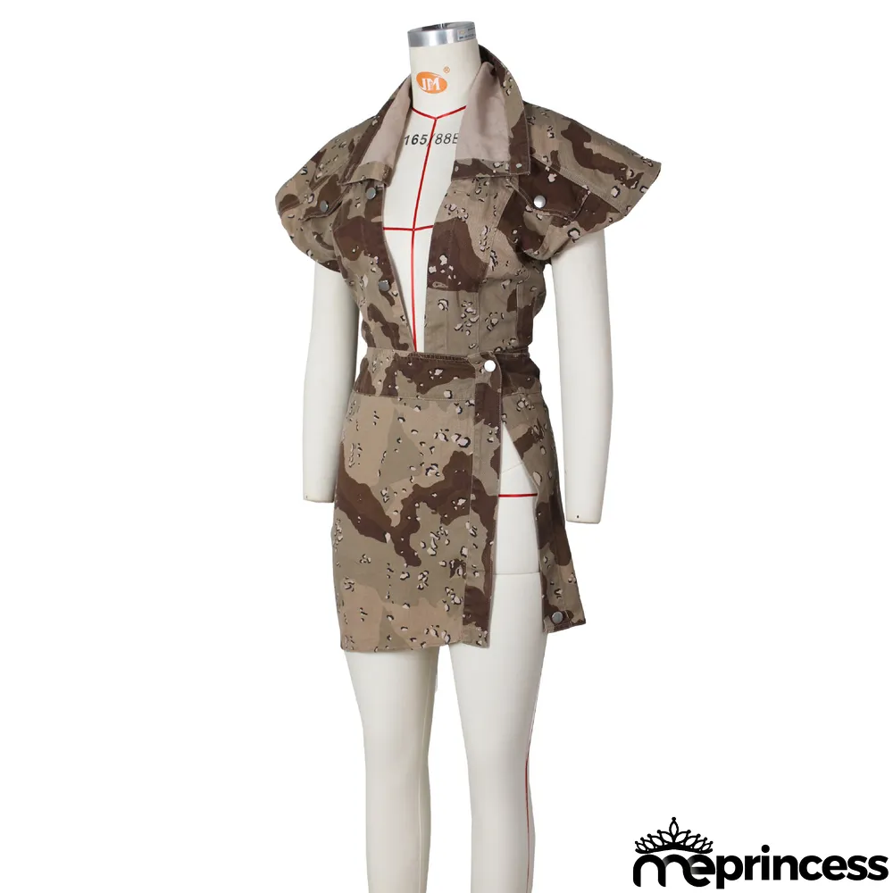 Sleeveless High-cut Camouflage Casual Skirts Set