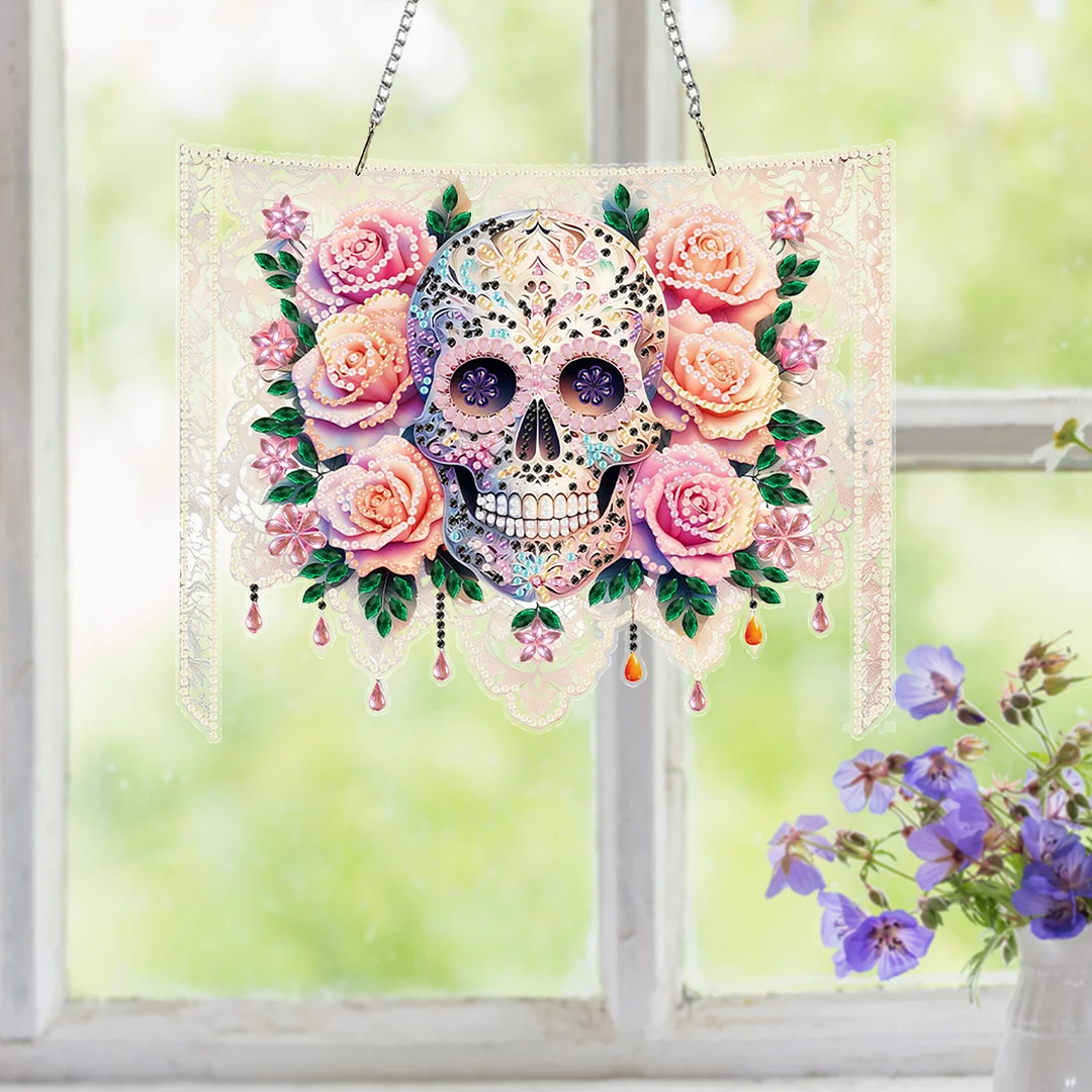 Skulls Flower 2D Flat DIY Acrylic Diamond Painting Kit Window Hanging Wall Decor