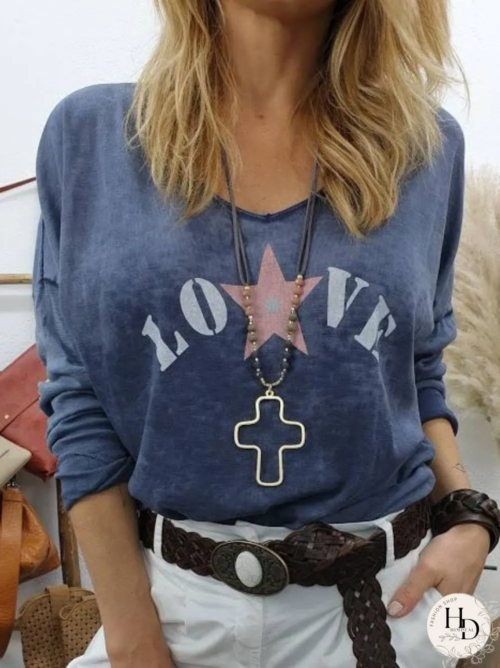 Letter Printed V Neck Casual Star Tops