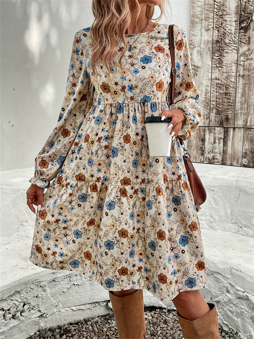 Women's Long Sleeve Scoop Neck Floral Printed Midi Dress