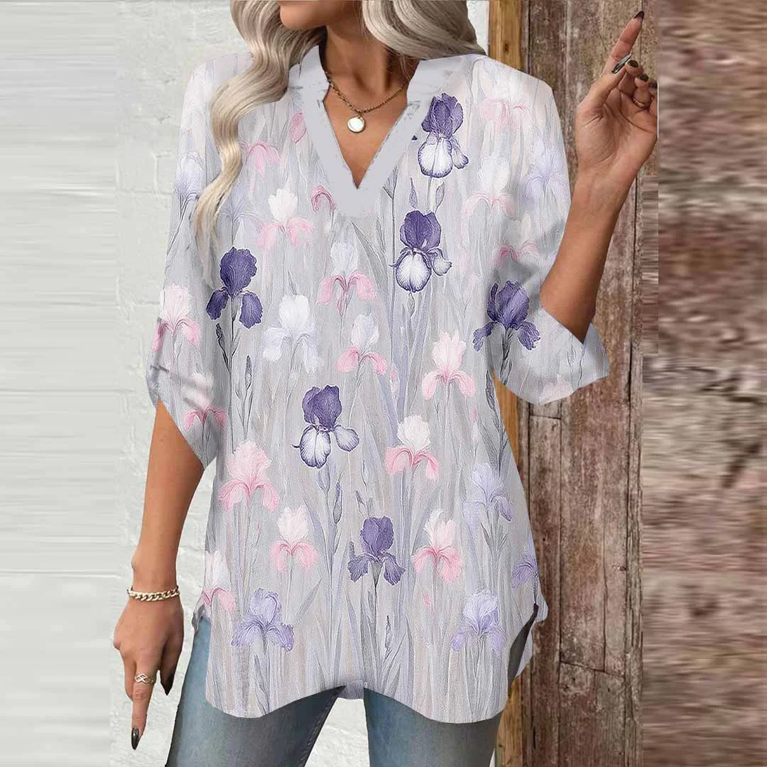 Women Floral,Purple,Beige DZGA0587 3/4 Sleeve V-neck Printed Graphic Button Tops