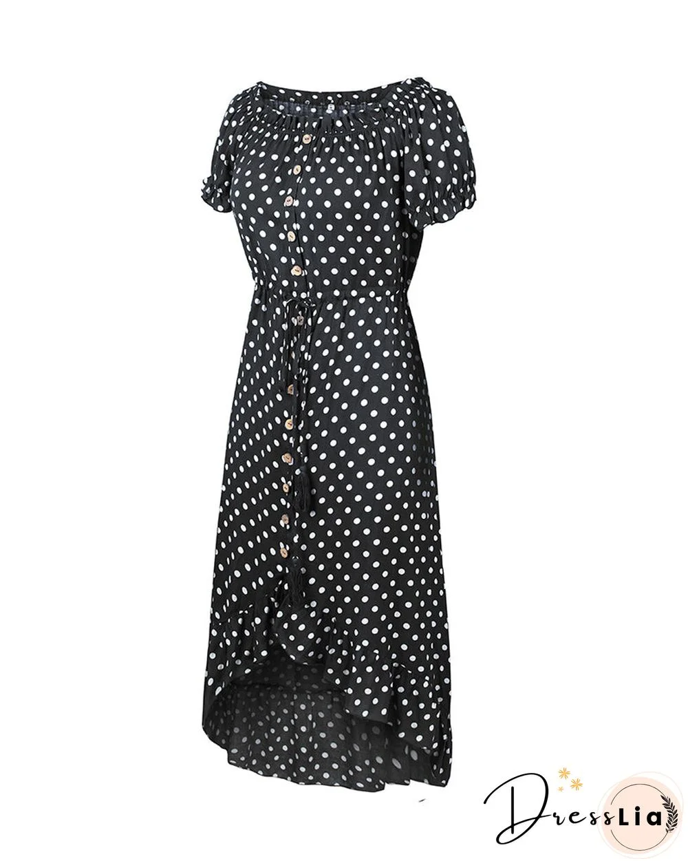 Off Shoulder Polka Dot Button Down Maxi Dress