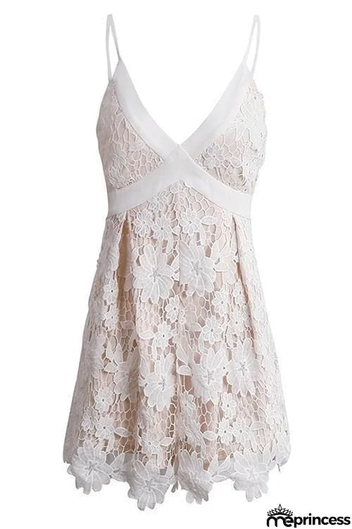 Deep V Neck Spaghetti Strap Lace Mini Dress