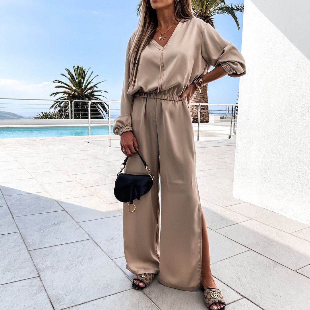 Women's V-neck long sleeve casual two-piece suit Two-piece Outfits MusePointer