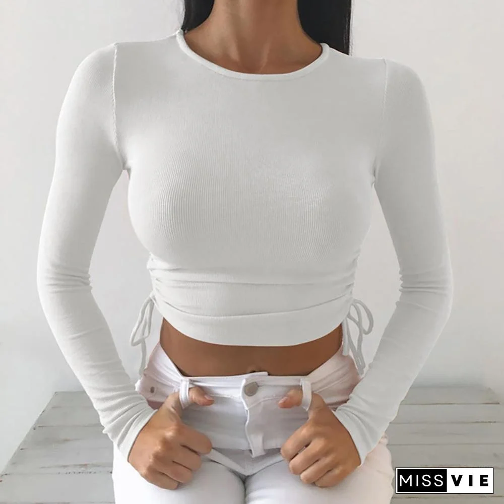 Casual Solid O-Neck Long Sleeve Crop Top Women Side Drawstring Ruched White T-Shirt Female Tee Shirt Top For Women Clothing