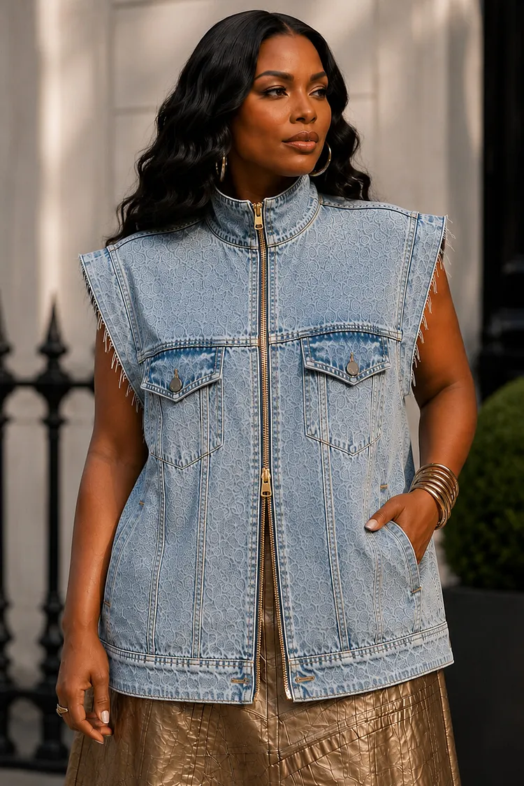 Xpluswear Design Plus Size Business Casual Light Blue Waistcoat Pocket Zipper Denim Jacket [Pre-Order] 2024 - Xpluswear