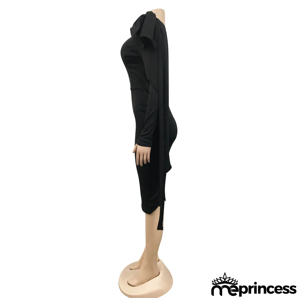 Elegant Solid One Shoulder Bow-knot Split Midi Dress