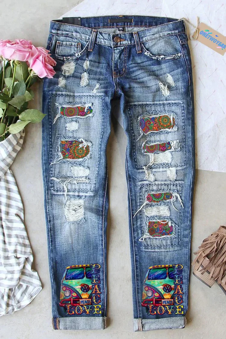 🔥kukelife🔥Mandala Love Peace Hippie Car Print Ripped Jeans