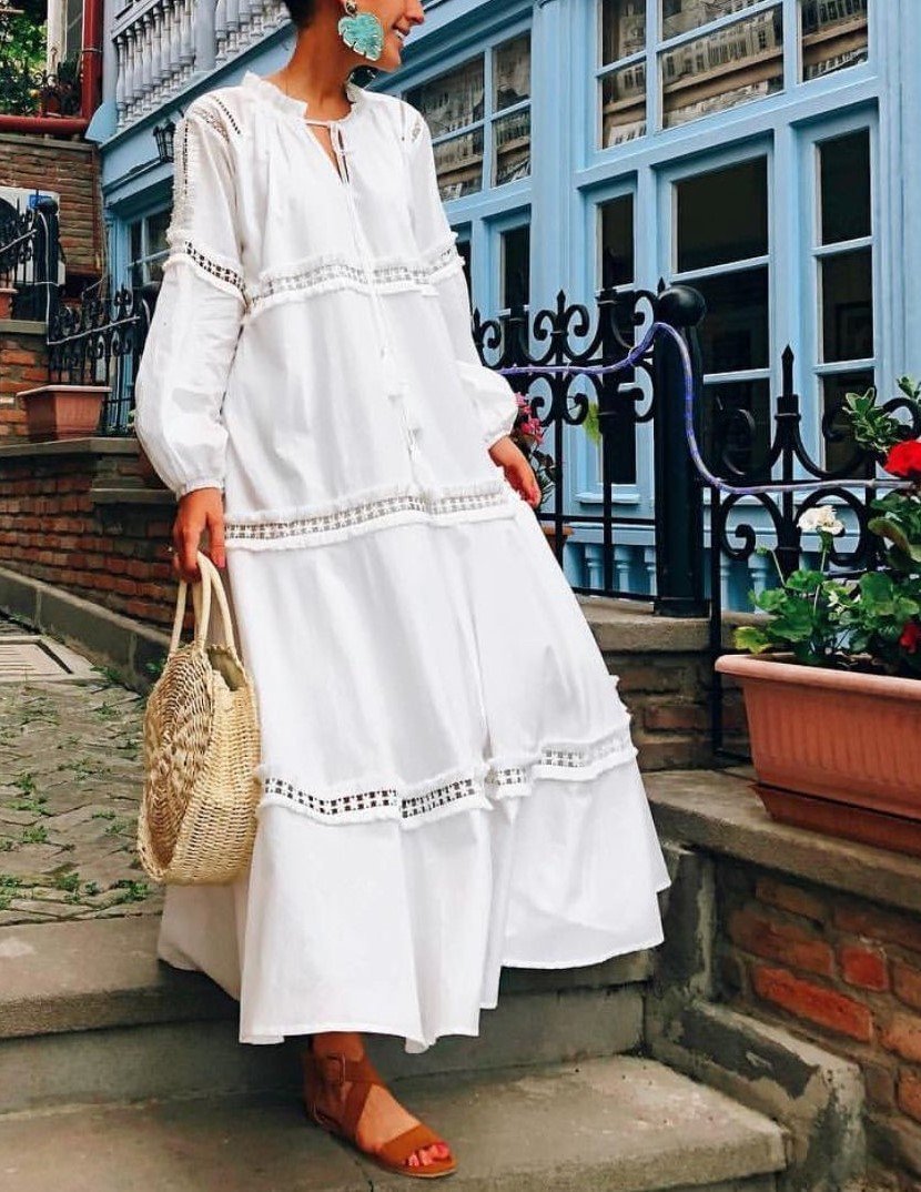 Lace Split-joint Puff Long Sleeves Maxi Dress
