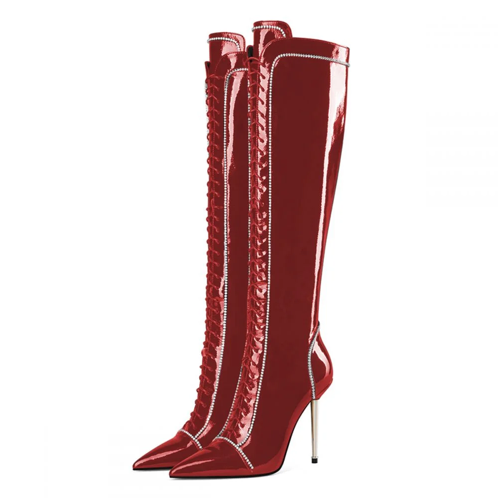 Red Boots Pointed Toe Stiletto Lace Up Knee High Boots Diament Boots Nicepairs