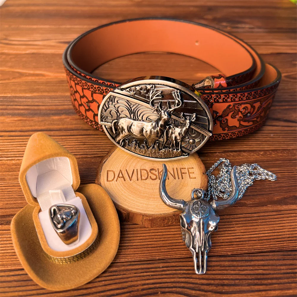 Big Gold Rodeo Belt Buckle with Cowboy Belt Longhorn / Brown / 40-42 (Fit Waist 38-40 in)