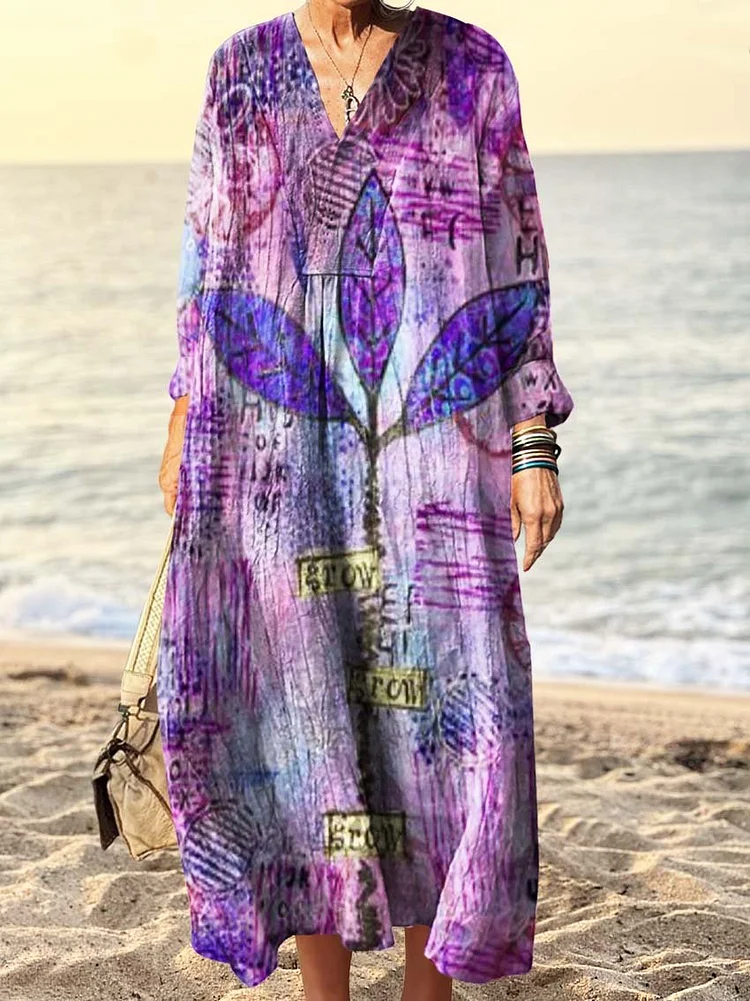 Women's Hippie Botanical Art Print V Neck Long Sleeve Dress