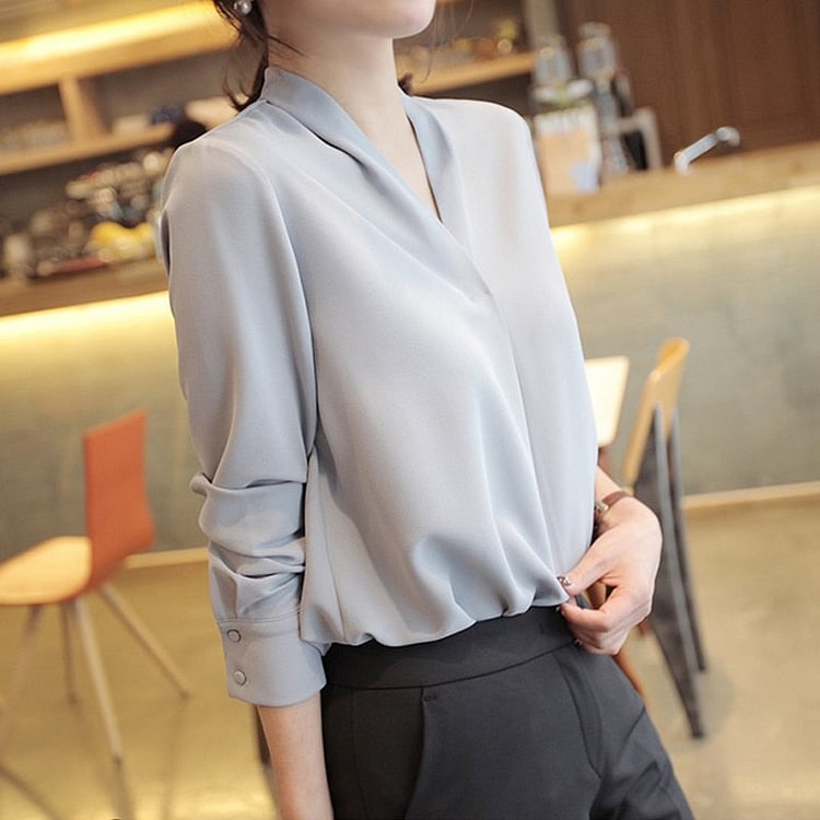 2021 Spring V-neck Womens Tops Long Sleeve Chiffon Blouse Summer New White Female Korean Tops Wild Loose Office Lady Clothing