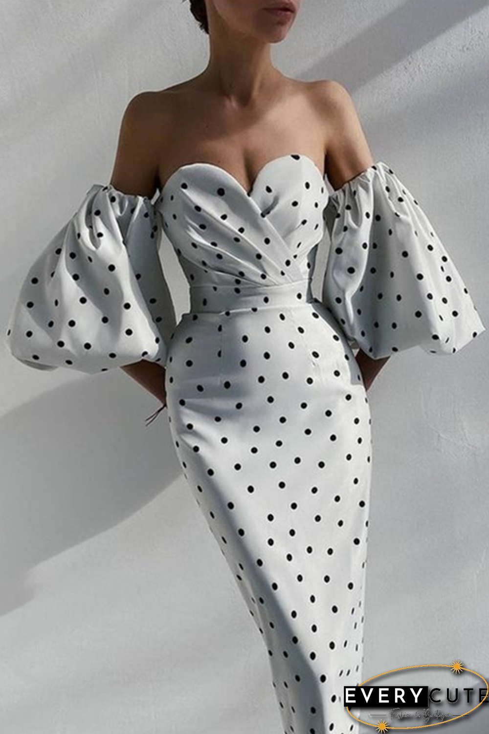 Fashion Elegant Polka Dot Slit Fold Strapless Pencil Skirt Dresses