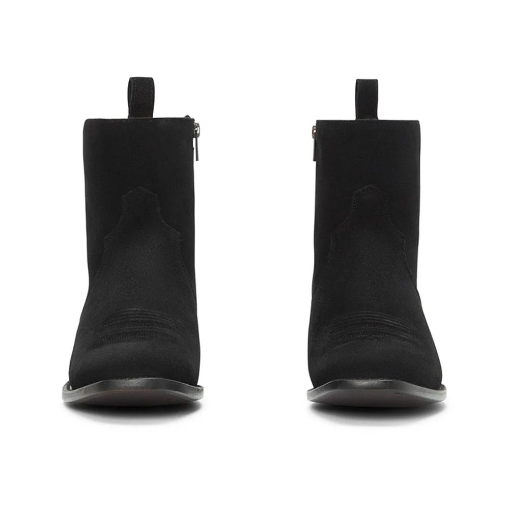 Black Vegan Suede Chunky Heel Square Toe Zipper Booties for Women