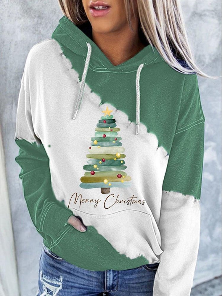 Women's Merry Christmas Tree Print Tie Dye Hoodie