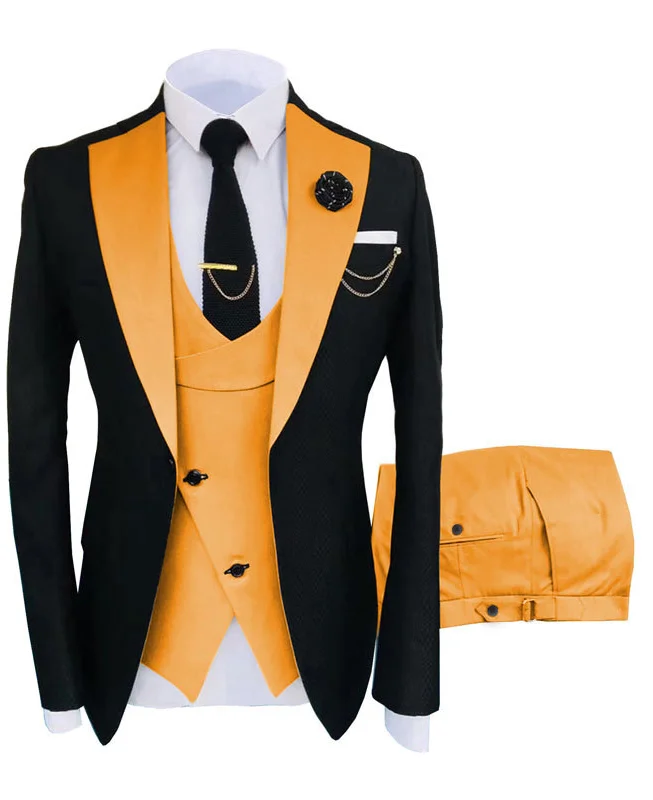 Formal Chain Colorblock Turndown Collar Blazer & Vest & Pant 3Pcs Set 2XS-7XL 