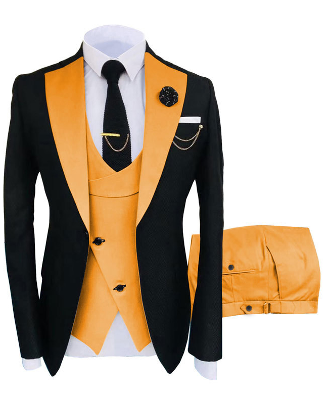 Formal Chain Colorblock Turndown Collar Blazer & Vest & Pant 3Pcs Set 2XS-7XL