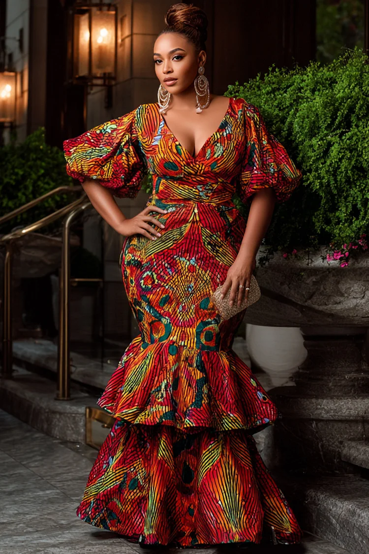 Xpluswear Design Plus Size Mother Of The Bride Multicolor Ankara Wrap Neck Puff Sleeve Short Sleeve Ruffle Mermaid Maxi Dresses 2024 - Xpluswear