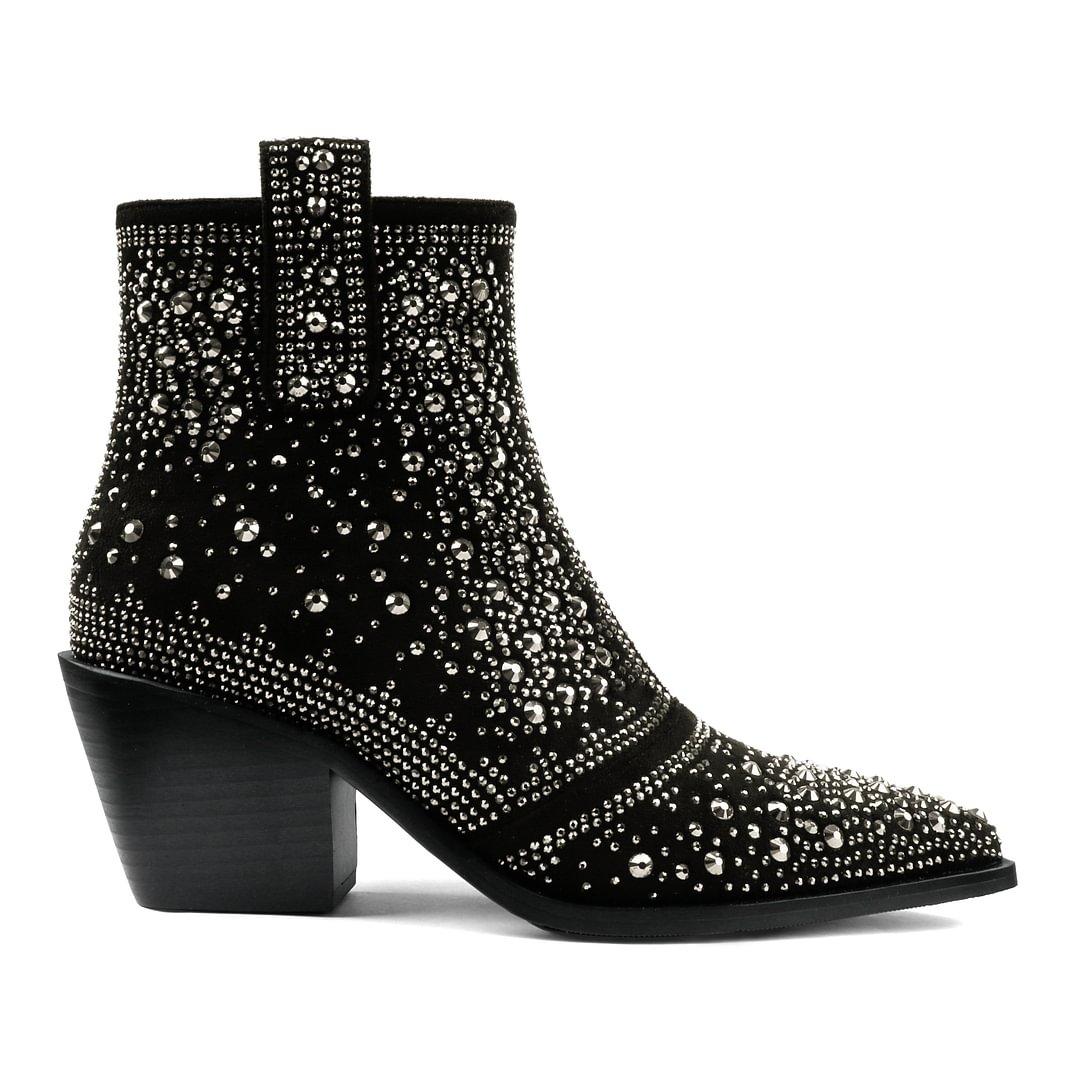 2.56" Women's Rhinestone Western Cowboy Boots Pointed Toe Block Heel Sparkly Ankle Boots-MERUMOTE