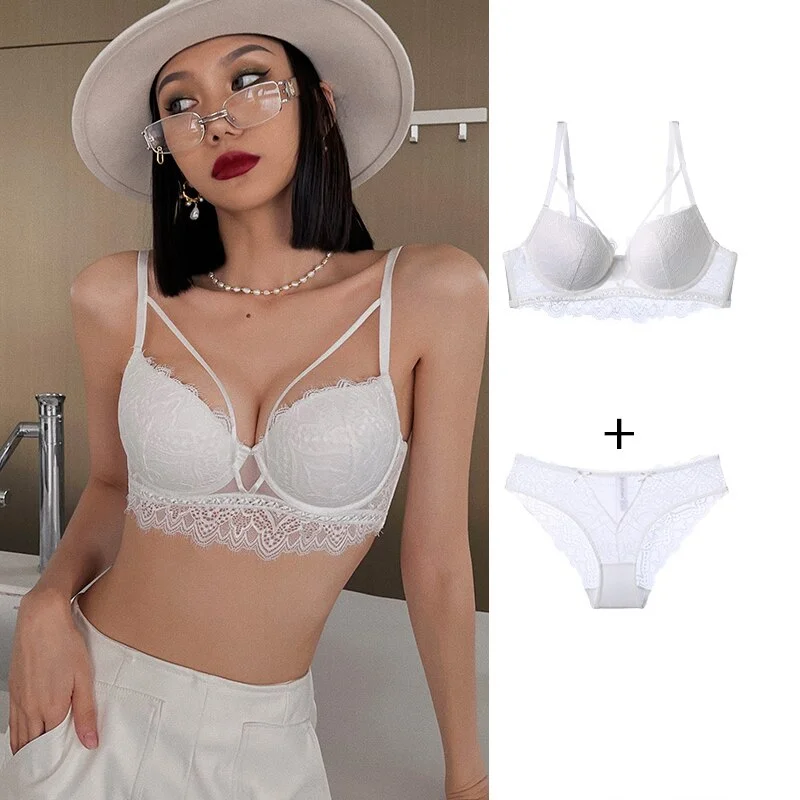 Billionm Lace Embroidery Underwear Sexy Hollow Cotton Padded Push Up Bra Set Women Classic Black Plus Size Brassiere Lingerie Sets