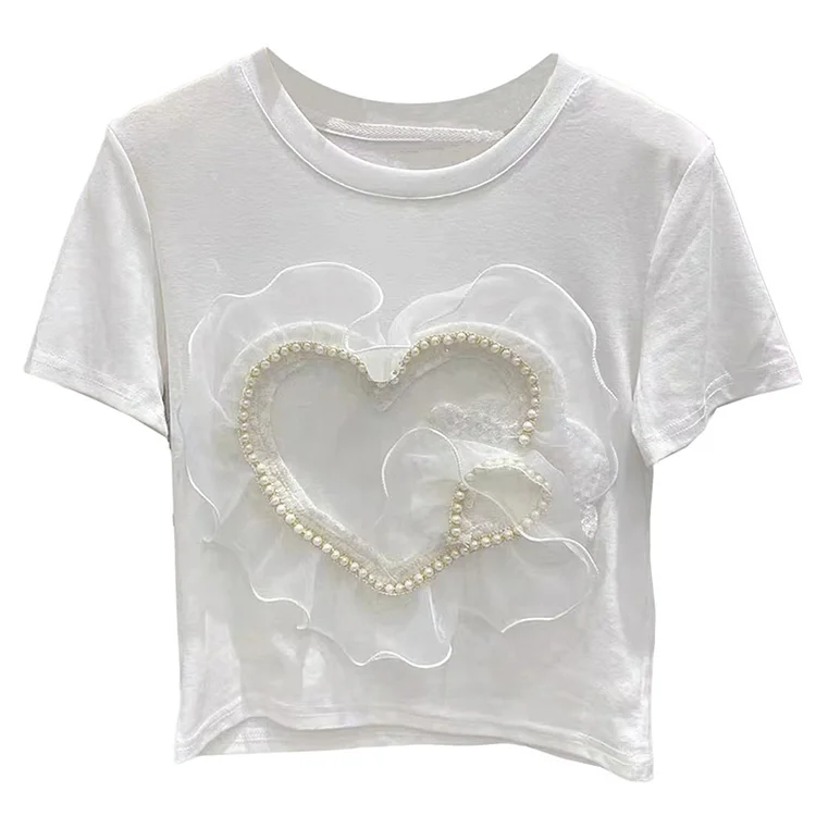 Pearl Decor Love Heart T-Shirt Tiered Skirt Two Pieces  - Modakawa modakawa