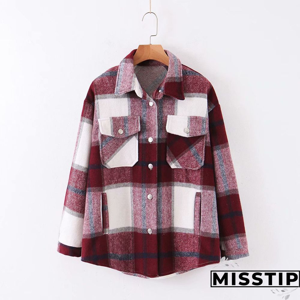 Classic Thick Colorblock Checked Button Down Shirt Jacket Woolen