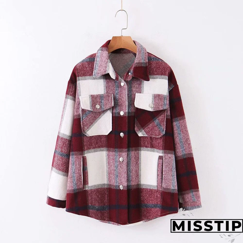 Classic Thick Colorblock Checked Button Down Shirt Jacket Woolen