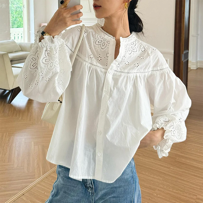 Uveng Uveng 2025 New Style French Embroidered White Shirt Female Long Sleeve Temperament Commuting Southern Oil Women Shirt Women