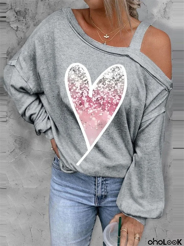 Sexy Off Shoulder Pink Heart Loose Long Sleeve Tops for Women