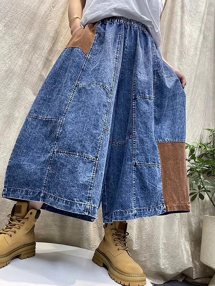 Women Spring Casual Patch Spliced Wide-leg Denim Pants