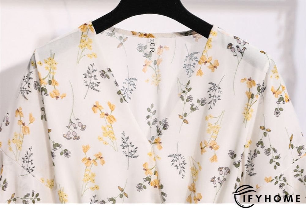 Spring Summer Chiffon Women V-Neck Floral Print Short Dresses Sweet Ruffle Sleeeve Slim Drawstring Ladies Dress | IFYHOME