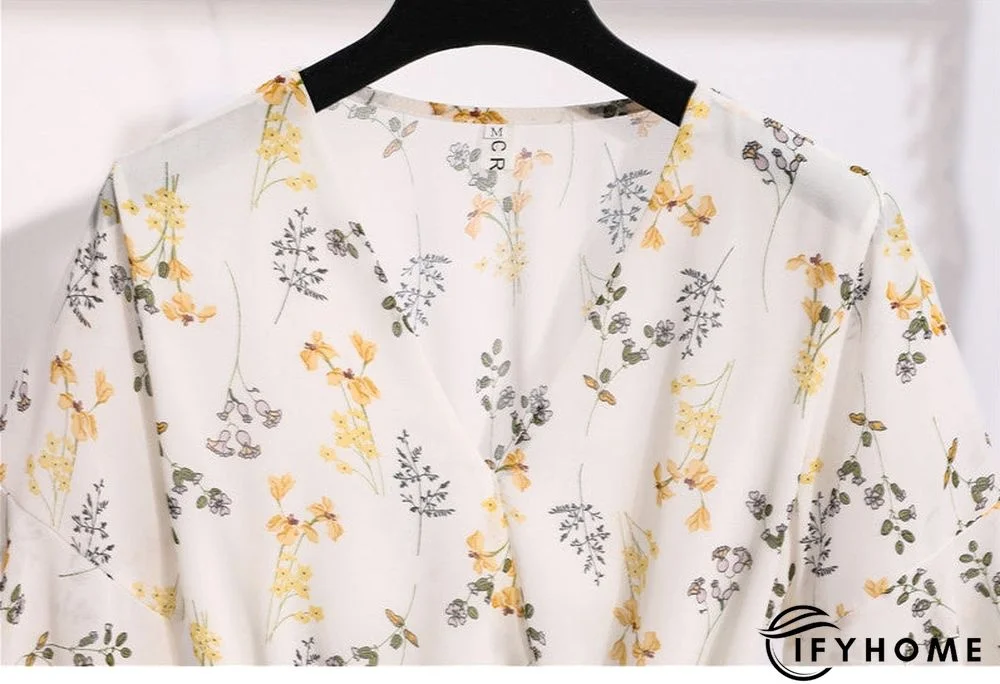 Spring Summer Chiffon Women V-Neck Floral Print Short Dresses Sweet Ruffle Sleeeve Slim Drawstring Ladies Dress | IFYHOME