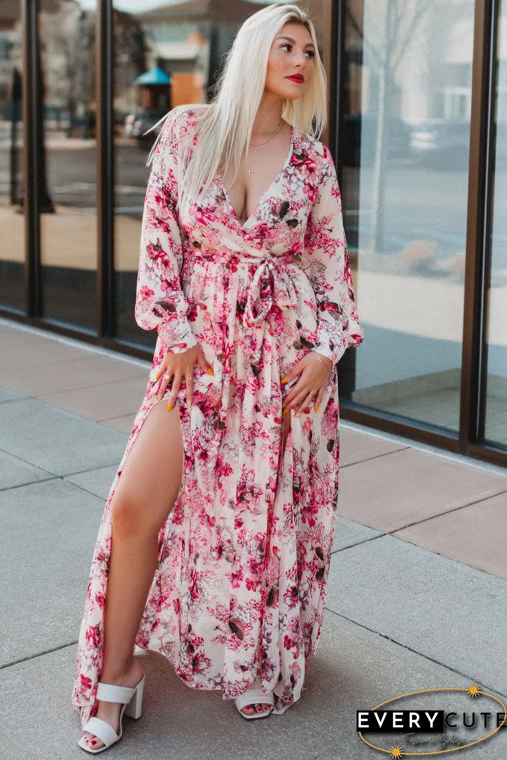 Pink Wrap V Neck Floral Maxi Dress