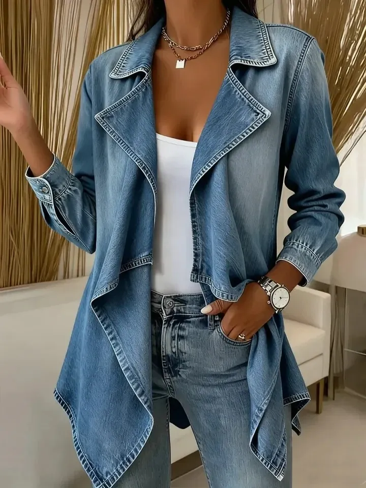 Women Open Front Waterfall Denim Jacket